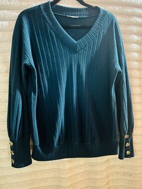JODIFL Teal Ribbed V-Neck Sweater with Gold Button Cuffs